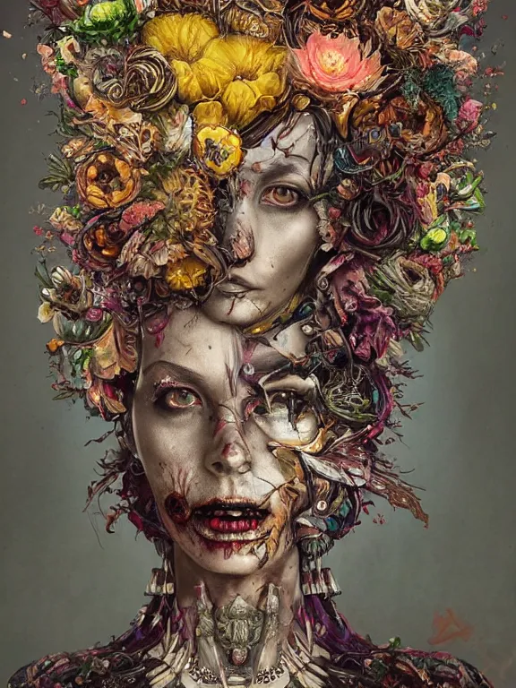 Prompt: art portrait of zombie queen with flower exploding out of head,8k,intricate ornate armour, by tristan eaton,Stanley Artgermm,Tom Bagshaw,Greg Rutkowski,Carne Griffiths,trending on DeviantArt,face enhance,giger,hyper detailed,minimalist,cybernetic, android, blade runner,full of colour,