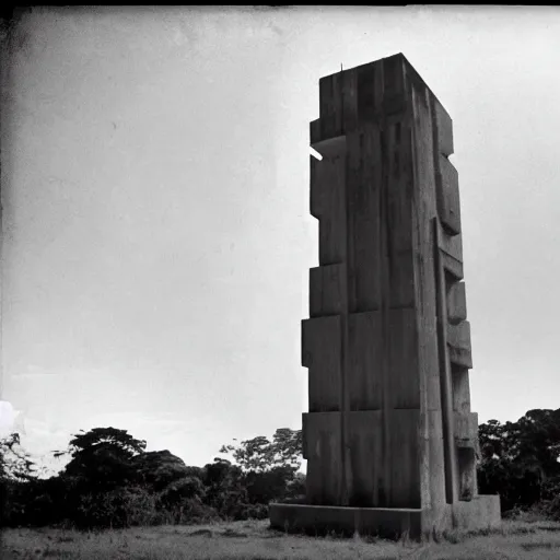 Image similar to lost film footage of a sacred brutalism totem in the middle of the tropical jungle / film still / cinematic / enhanced / 1 9 2 0 s / black and white / grain