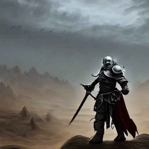 Prompt: A single knight standing against an army of orcs in the desert, HD, ultra detail, matte, fantasy, famous illustration, masterpiece, dark atmosphere, war, good value control, intricate, cinematic, concept art, 8K, foggy,