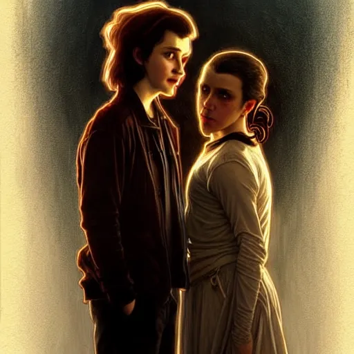 Prompt: Twilight version of Stranger Things, Portrait of Edward and Bella, diffuse lighting, fantasy, intricate, elegant, highly detailed, lifelike, photorealistic, digital painting, artstation, illustration, concept art, smooth, sharp focus, art by Krenz Cushart and Artem Demura and Alphonse Mucha