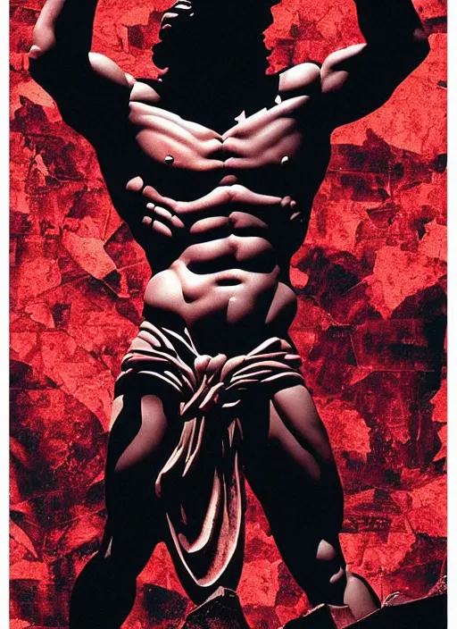 Prompt: dark design poster showing a statue of hercules, black background with very subtle red and purple design elements, powerful, nekro, guido crepax, graphic design, collage art, dark, glitch art, neo vaporwave, gritty, layout frame, square, trending on artstation