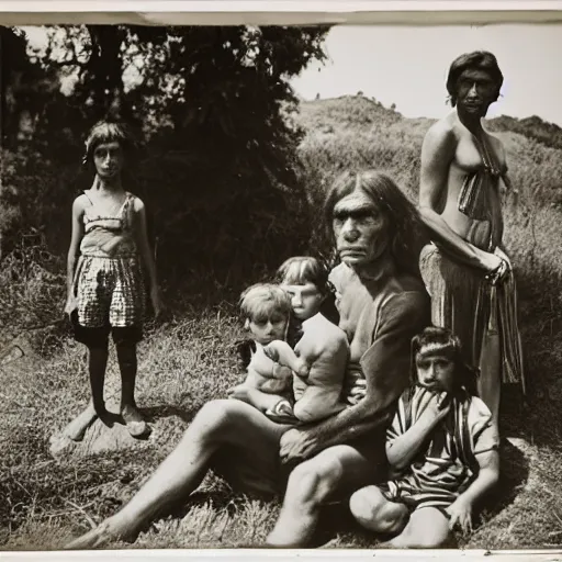 Prompt: a family of Neanderthals photographed by Dorothea Lange