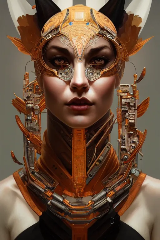 Image similar to symmetry!! portrait of android fox woman in the style of god of war, machine parts embedded into face, intricate, elegant, highly detailed, digital painting, artstation, concept art, smooth, sharp focus, illustration, art by artgerm and greg rutkowski and alphonse mucha, 8 k