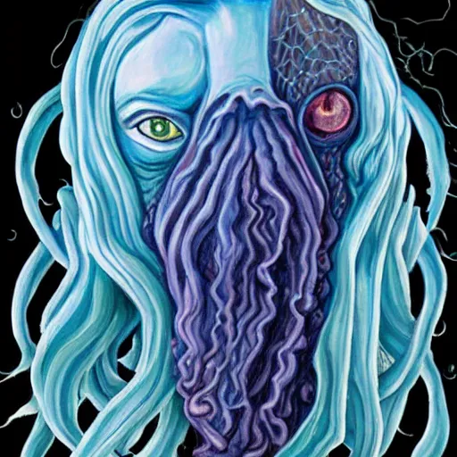 Image similar to cthulhu with indigo hair, realistic painting