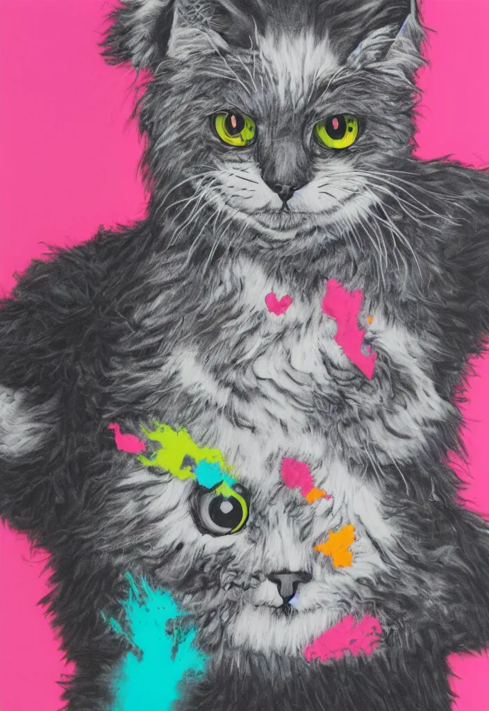 Image similar to fluffy cat with an afro comb t - shirt design, by jules julien, alex yanes, dark grisaille monochrome neon spraypaint, ironic surrealism, hypebeast