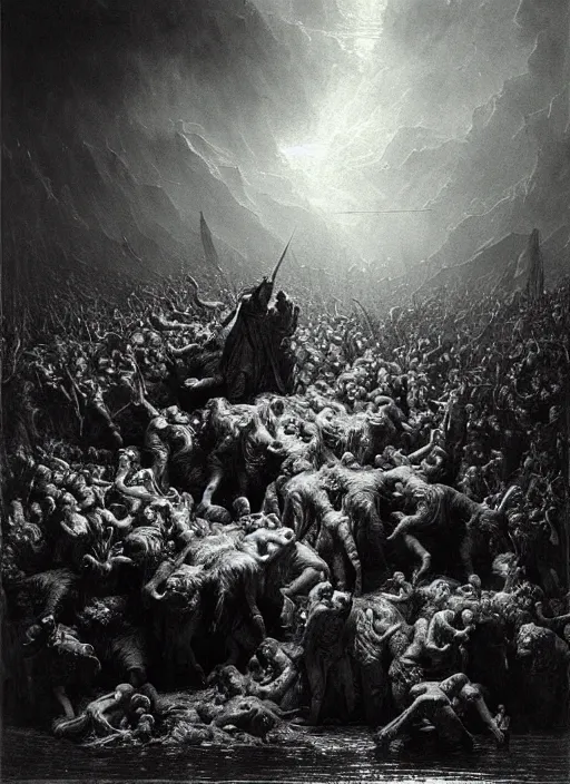Prompt: hell, epic scene, photorealistic, highly detailed, texture, soft light, dramatic, moody, ambient, painting by gustave dore
