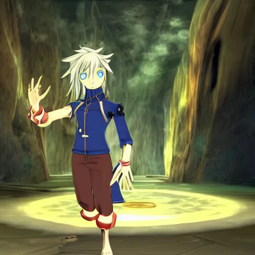 Prompt: tales of symphonia style, rap artist, with glowing eyes, in cave back