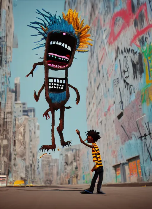 Image similar to hyperrealistic 3D scene of monsters in the style of Jean-Michel Basquiat sneaking up on an city cartoon boy, Trending on artstation, cinematic, hyper realism, octane render, 8k, depth of field