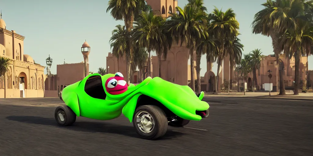 Image similar to kermit driving a car, wlop, moroccan city, mosque, palm trees, cinematic lighting, hyperdetailed, 8 k realistic, symmetrical, global illumination, radiant light,, frostbite 3 engine, cryengine, dof, trending on artstation, digital art, chanel