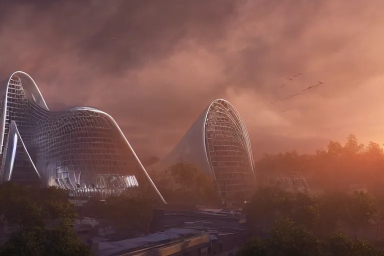 Image similar to extremely detailed cathedral designed by Zaha Hadid surrounded by a forest, stunning volumetric light, sunset, metal, concrete and translucent material, stunning skies, trending on Artstation, 8k, photorealistic, hyper detailed, unreal engine 5, IMAX quality, cinematic, epic lighting, in the style of Greg Rutkowski