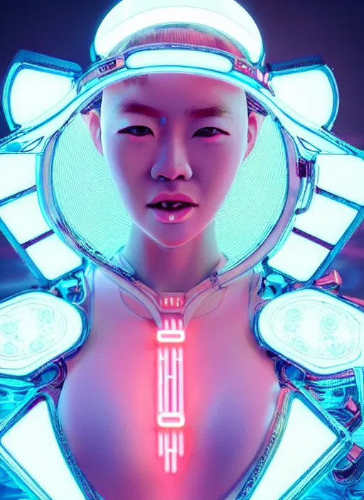 Prompt: japanese female humanoid with freckled cheeks, cyber neon lighting, retro futurism, intricate futuristic led lit jewelry, retro futuristic glossy white latex swimwear, profile posing, hyper photorealistic, crispy quality, digital photography, trending in artstation, trending in pinterest, cinematic, 4 k ultra hd, art by pascal blanche, art by greg rutkowski,