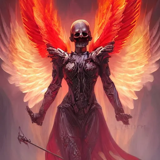 Image similar to A beautiful digital painting of archangel with red hair, skull face, burning wings, princess, a ghostly skull , D&D, fantasy, intricate, cinematic lighting, highly detailed, digital painting, Artstation, concept art, smooth, sharp focus, illustration, art by Artgerm and Greg Rutkowski, Alphonse Mucha and charlie bowater