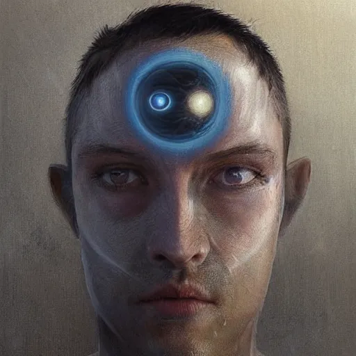 Image similar to surreal portrait of a man by Greg Rutkowski, symmetrical face, he is about 30 years old, short black hair with bangs, his features are a mix between French, Turkish and Russian, transformed into a kind of biomechanical transhuman god, blue glowing eyes, uncany but fascinating, expression of epiphany and determination, cosmic void background, frightening, fascinating, highly detailed portrait, digital painting, book cover, artstation, concept art, smooth, sharp foccus ilustration, Artstation HQ