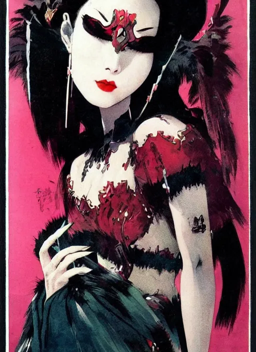 Image similar to svelt female korean vampiress, jeweled headdress, heavy mascara, strong line, saturated color, beautiful! coherent! by frank frazetta, high contrast, minimalism