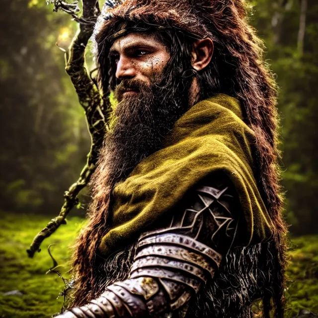 Prompt: photo of a druid warrior with earth powers, highly detailed, 4 k, hdr, smooth, sharp focus, high resolution, award - winning photo