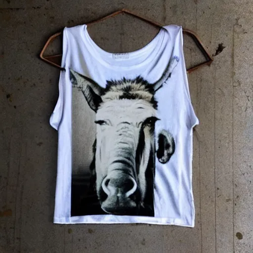 Image similar to “photo of a ripped, filthy dirty off-white t-shirt with the picture of a donkey on it, hanging on a dirty concrete wall in a dark room with the floor covered in trash and garbage. Flash photo.Cursed image.”