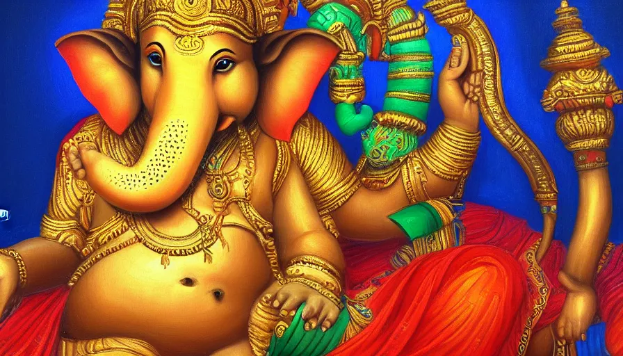 Prompt: ganesha by miguel angel, oil painting, classical painting, digital art, vivid colors, sharp focus, restored