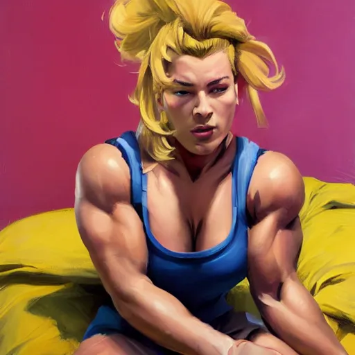 Image similar to greg manchess portrait of thick muscular weightlifter zarya from overwatch with ponytail and blond hair sleeping on bed, medium shot, asymmetrical, profile picture, organic painting, sunny day, matte painting, bold shapes, hard edges, street art, trending on artstation, by huang guangjian and gil elvgren and sachin teng