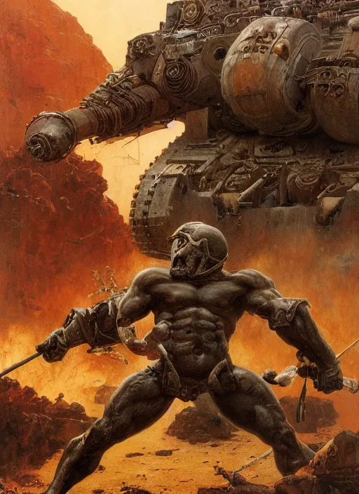 Image similar to steroid minotaur destroys army tank, dynamic action, by lawrence alma - tadema and zdzislaw beksinski and norman rockwell and jack kirby and tom lovell and greg staples, artstation creature art