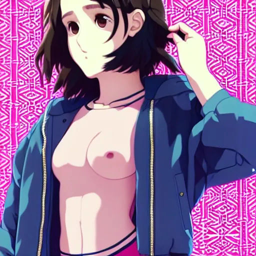 Prompt: a beautiful! boyish! natalie portman alluring gravure! model, wearing oversized mayan bomber jacket and leotard with overalls, bulky poofy bomber jacket with mayan patterns, aztec street fashion, gapmoe yandere grimdark, trending on pixiv fanbox, painted by greg rutkowski makoto shinkai takashi takeuchi studio ghibli