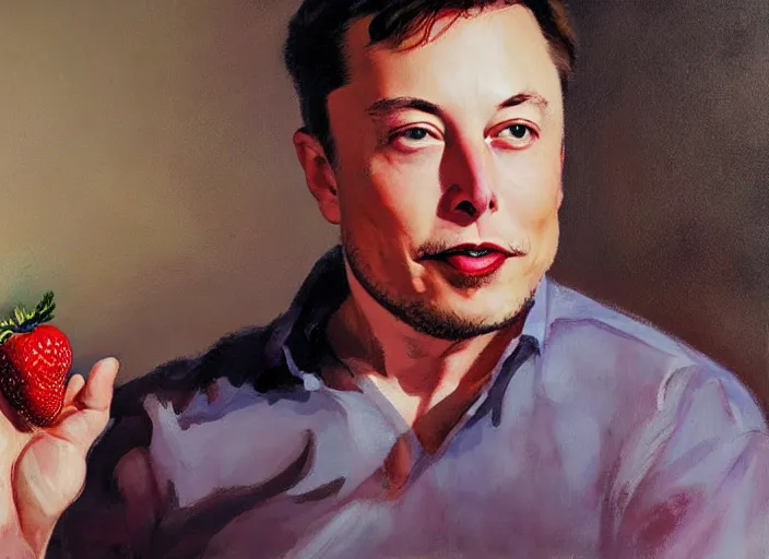 Prompt: a highly detailed beautiful portrait of elon musk with a strawberry, by gregory manchess, james gurney, james jean