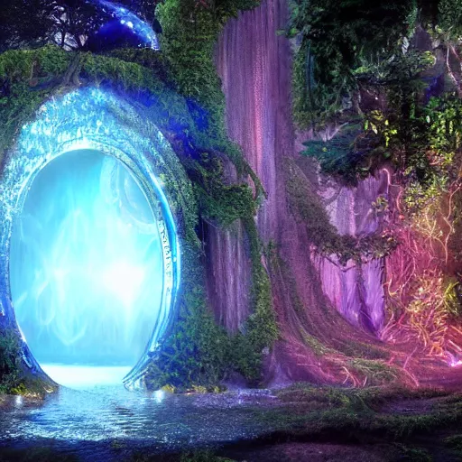 Image similar to stargate portal full of water bursting to another dimension inside a beautiful tree in a densely overgrown jungle, fantasy, dreamlike sunrise volumetric lighting, ultra realistic, atmospheric, stopped in time, epic