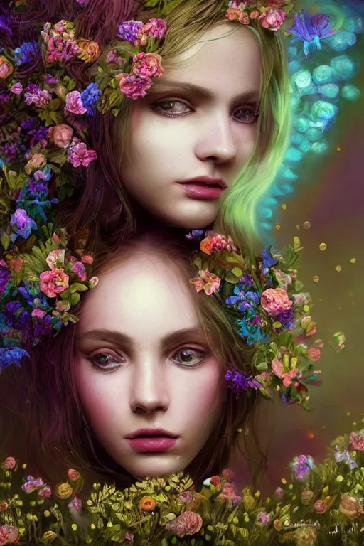 Prompt: elaborately detailed close up portrait of an extremely beautiful girl surrounded by flowers, an eerie mist and ethereal rainbow bubbles, Aetherpunk, high fantasy matte painting, concept art, smooth, sharp focus, atmospheric lighting, highly detailed illustration highlights, backlight, golden ratio, 8K detail post-processing, award winning picture, sense of awe, featured on DeviantArt, fantasy matte painting movie poster, trending on cgsociety, intricate, majestic, dark epic fantasy, highly detailed, cinematic quality character render, ultra high quality model, production quality cinema mode