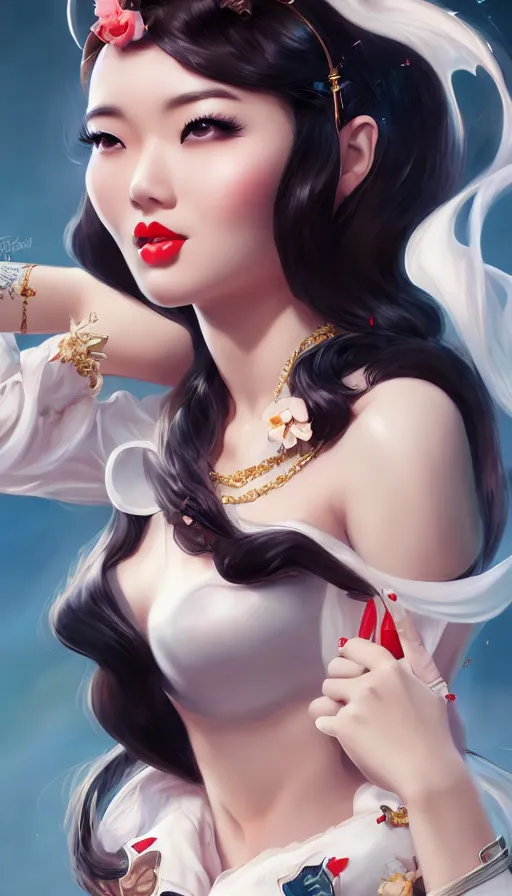 Image similar to a pin up and beautiful fashion and charming and dreamlke asian girl with lv jewelry, medium shot, art by artgerm & ross tran & wlop, hyperdetailed, 8 k realistic, symmetrical, frostbite 3 engine, cryengine, dof, trending on artstation, digital art