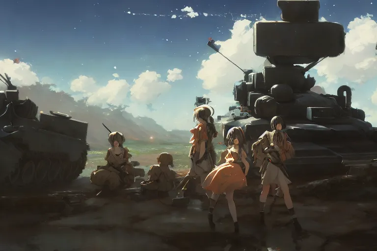 Image similar to baroque oil painting of anime key visual concept art of anime maid soldiers sat inside a tank on the battlefront, official art, trending on artstation, palette knife and brush strokes, oil on canvas, style of makoto shinkai greg rutkowski studio ghibli