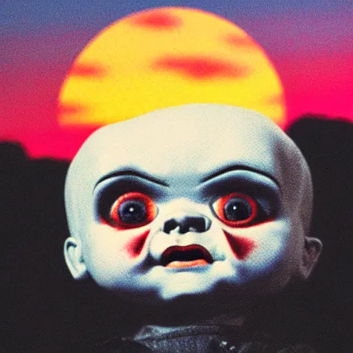 Image similar to sunset clouds in shape of screaming chucky doll