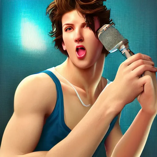 Image similar to a handsome young man with sandy brown hair and blue eyes singing into a neon blue microphone headset posing on stage. dynamic pose. line of action. concert. cinematic lighting. medium shot photorealistic. hyper realism. ray tracing hdr. intricate detailed masterpiece. by bouguereau and shigenori soejima. lifelike.