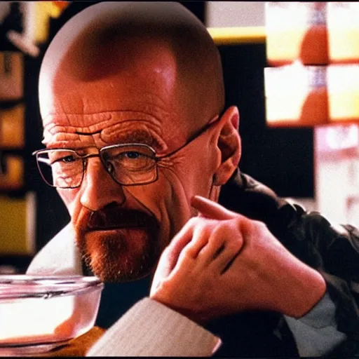 Prompt: Walter White eating fried chicken with pink sauce