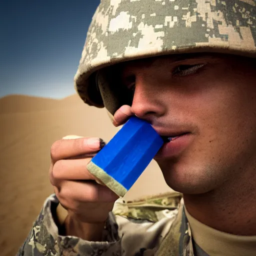 Image similar to portrait photography of soldier in the desert eating crayons, beautiful composition, ambient light