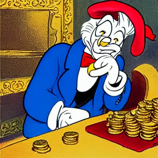 Image similar to scrooge sitting in a pile of gold coins and smoking a cigar, disney, carl barks