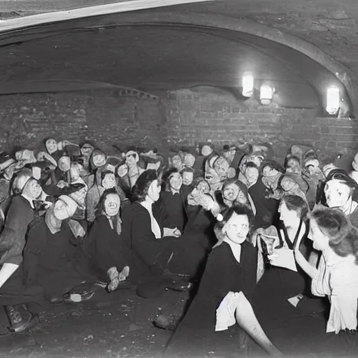 Prompt: in Britain's front line towns… with a cheerful spirit, shelterers have got together and made the most of nights underground… in a London shelter, gaily decorated by the womenfolk, a concert is being held, 1941 photo