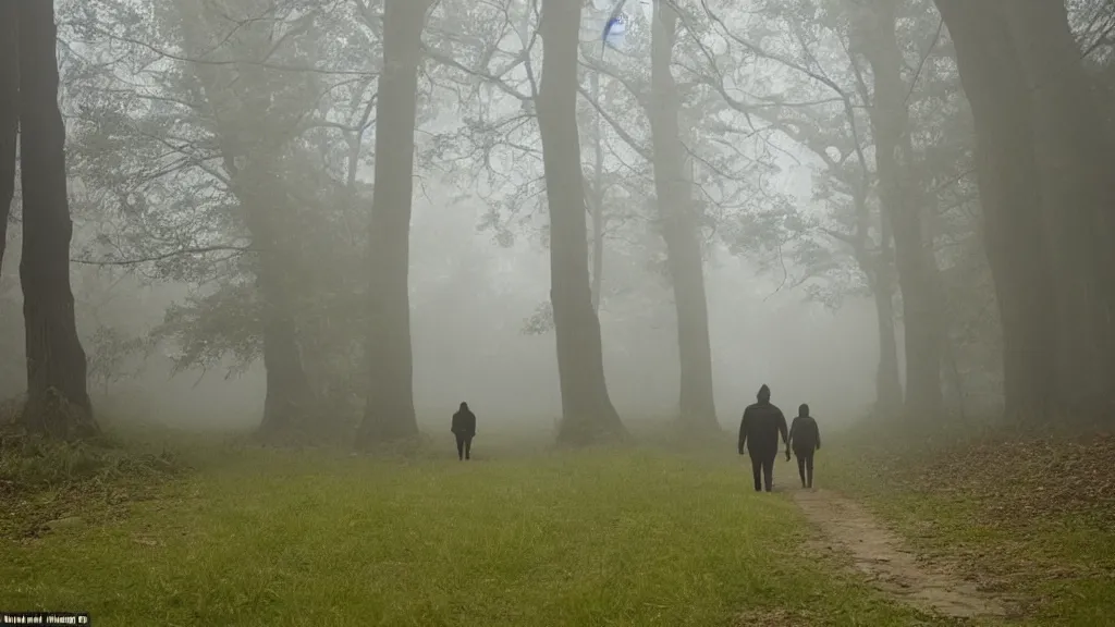 Prompt: realistic environment, a man and his dog walk down a foggy tree-lined lane, in the distance they see two red glowing eyes and the outline of a hulking monster