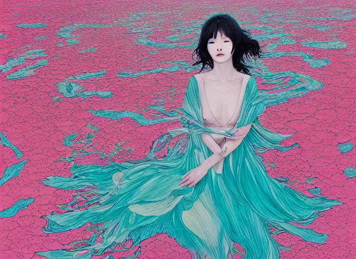 Image similar to lee jin - eun in luxurious flowery dress emerging from pink and turquoise water in salar de uyuni with the ground reflecting the aurora borealis by takato yamamoto, james jean, conrad roset, ruan jia, martine johanna, rule of thirds, elegant look, beautiful, chic, face anatomy, cute complexion