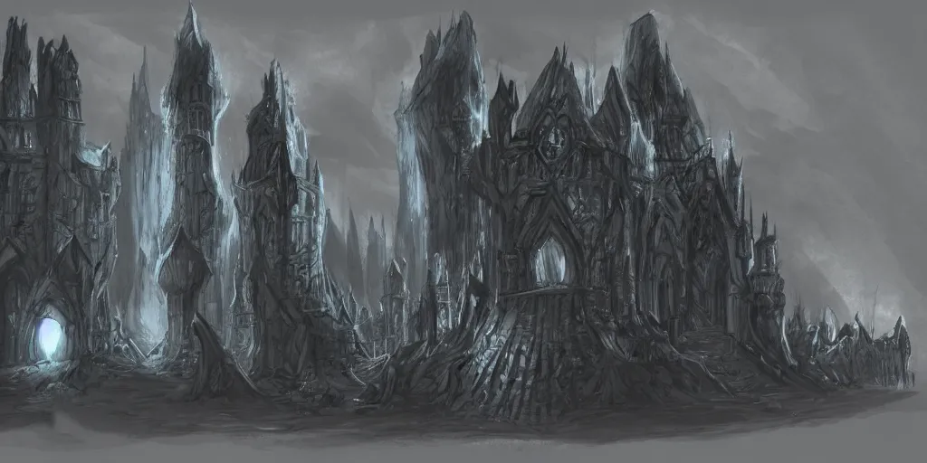 Prompt: one black gothic citadel in an underdark cavern, concept art