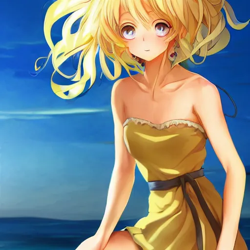 Prompt: a very beautiful anime girl, full body, curly white hair, golden eyes, full round face, short smile, light yellow dress, beach setting drawn by artgerm