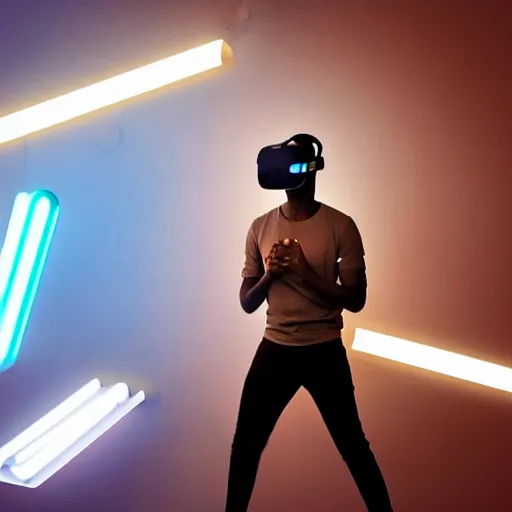 Image similar to dark skinned man wearing futuristic vr headset neon lights ambient light unity game ultra - realistic