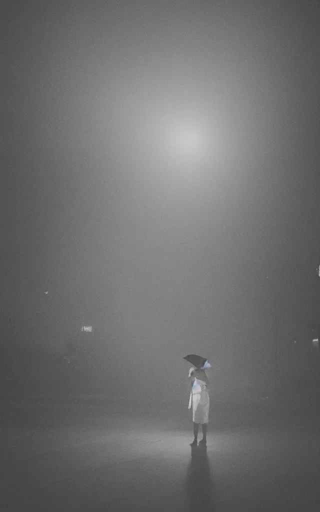 Image similar to “ quiet american neighborhood at night, a woman waiting with a black umbrella, photography in the style of gregory crewdson, mist, rule of thirds ”