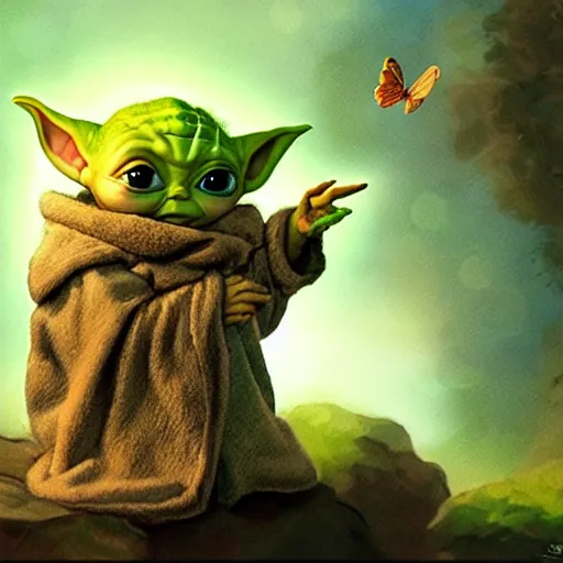 Prompt: 'baby Yoda' reaching for a pretty butterfly, a rocky outcrop, a small bonfire, spaceship nearby, refined, dignified, style of rembrandt and (((((don bluth))))), bright natural light, saturated colors, very low energy
