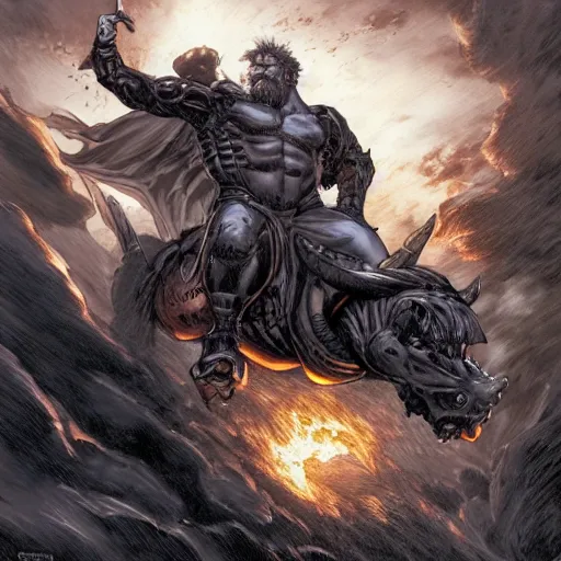 Prompt: chonky bald grey bearded ethan van sciver riding a dark horse into battle, full view, beautiful zoomed out artwork by artgerm and rutkowski, breathtaking, beautifully lit, dramatic, full view