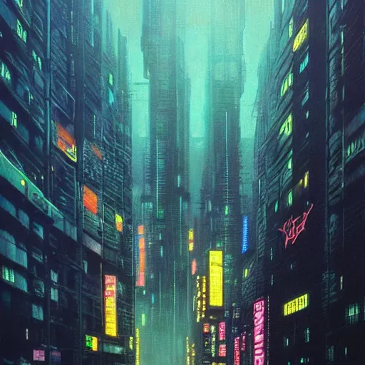 Image similar to huge cyberpunk dystopian megacity with lights and neon billboards, holograms, bladerunner and beksinski painting