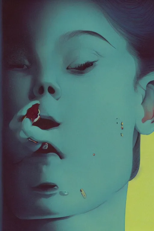 Image similar to a scifi closeup portrait of a young british woman licking a blotter paper of LSD acid on his tongue and dreaming psychedelic hallucinations in cosmos, by kawase hasui, moebius, Edward Hopper and James Gilleard, Zdzislaw Beksinski, Steven Outram colorful flat surreal design, hd, 8k, artstation