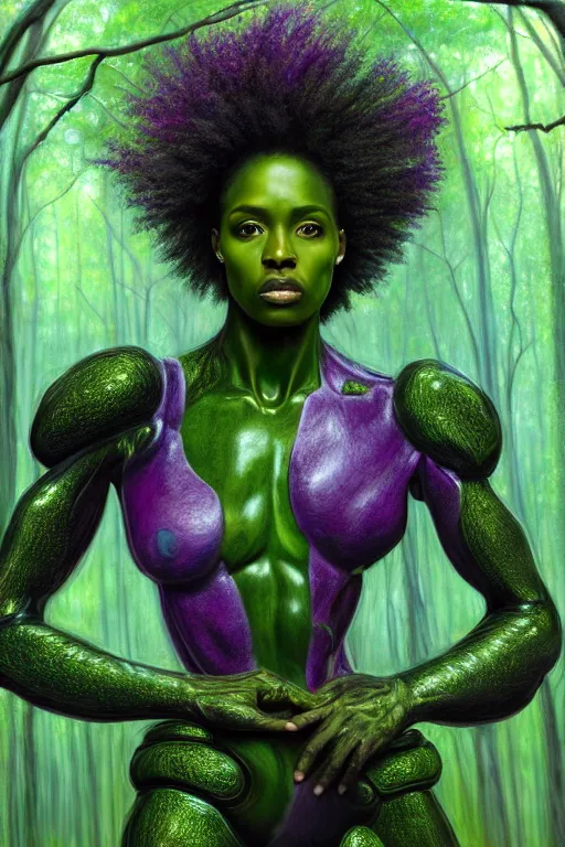 Prompt: hyperrealistic post - raphaelite super expressive! black woman with exoskeleton armor, merging with tree in a forest, highly detailed digital art masterpiece smooth cam de leon eric zener dramatic pearlescent soft green purple light ground angle hd 8 k sharp focus