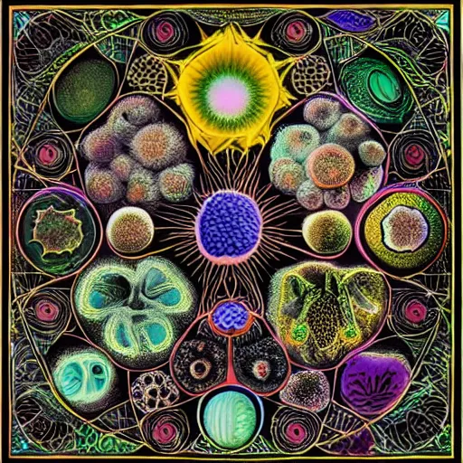 Prompt: ernst haeckel the coronavirus and other viruses in color on black background, symmetrically arranged