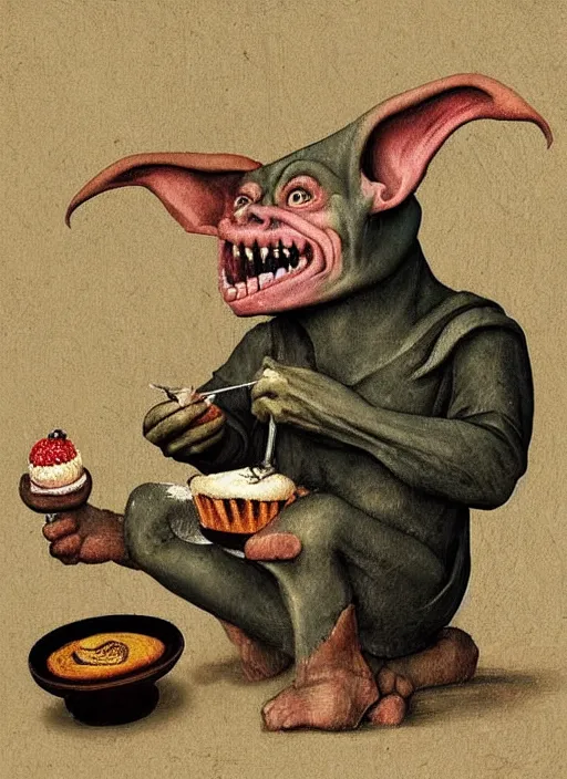 Prompt: medieval goblin eating cakes painted by hieronymus bosch, detailed digital art, trending on Artstation