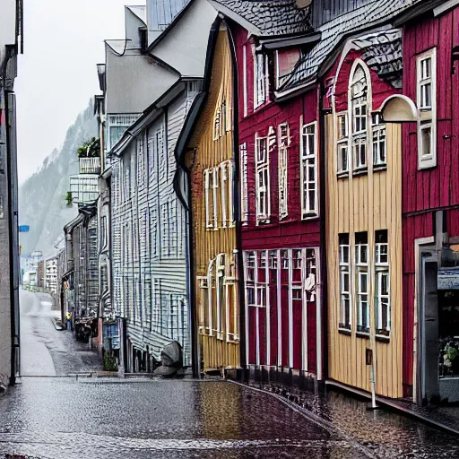 Prompt: picture of a street in bergen, norway, raining, spring