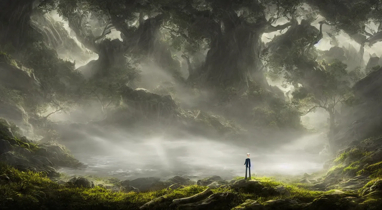 Image similar to photorealistic matte painting of mr burns of the simpsons standing far in misty overgrowth undergrowth jagged rock features volumetric fog light rays high contrast dawn